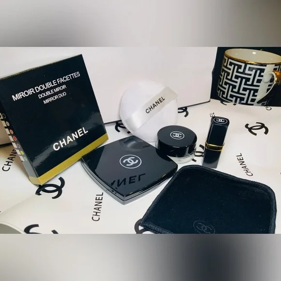 Chanel Two-Way Compact Mirror Bundle wi/Mini Lipstick, Powder Puff, Travel Jar - Picture 3 of 4